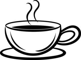 A simple, black and white graphic of a steaming coffee cup and saucer. vector