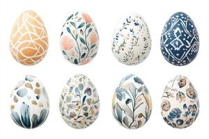 Neutral colors Easter eggs with folk motifs isolated on white background showcasing various designs and patterns in a beautiful arrangement photo
