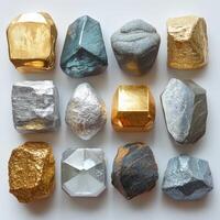 Natural gold silver gemstones on white background showcasing their unique shapes and textures, mineral specimens and decorative stones photo