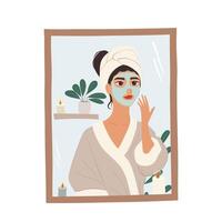 Woman applying a face mask in front of a mirror, isolated on white background vector
