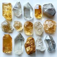 Various natural gemstones featuring gold and silver hues arranged neatly, highlighting their unique textures and vibrant colors, an appealing sight for collectors and nature lovers alike. photo