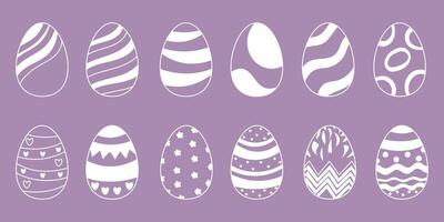 Easter egg set with outline decorative patterns on purple background vector