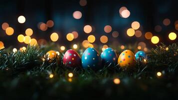 Vibrant Easter eggs in bright colors are lined up on green grass surrounded by glowing lights, creating a festive atmosphere in the evening. photo