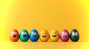 Eight vibrant eggs with smiling faces are displayed in a row against a cheerful yellow backdrop, creating a playful and festive atmosphere. photo