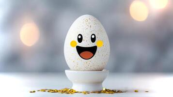 A joyful egg with a happy face sits on a white pedestal, surrounded by golden shimmer. The setting conveys a festive and playful atmosphere, inviting smiles. photo