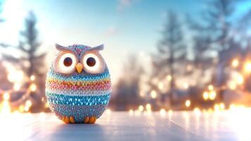 A knitted owl with bright eyes and colorful patterns sits on a surface, surrounded by sparkly lights and a soft blurry forest backdrop during twilight. photo