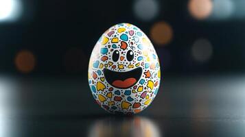 A vibrant decorative egg featuring a smiling face and colorful patterns sits on a surface with soft focus lighting in the background. photo