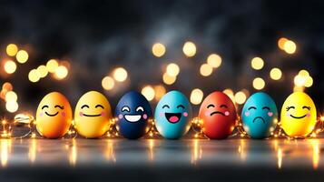 Vibrantly colored eggs, each with unique facial expressions, are lined up against a soft glowing backdrop, creating a joyful atmosphere of festive celebration. photo