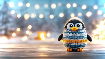 A charming penguin character stands confidently in a colorful knitted sweater amidst twinkling festive lights and a serene winter backdrop, evoking joy and warmth. photo