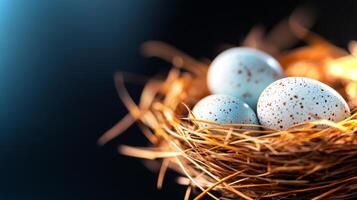 A cozy nest crafted from straw holds three speckled eggs, showcasing nature's delicate design. The serene setting highlights the beauty of new beginnings. photo