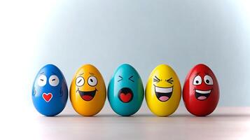 Five decorated eggs featuring vibrant colors and various cartoonish facial expressions create a cheerful display for celebrations or festive events. photo