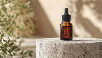 Mockup brown dropper bottle facial serum is placed on the cosmetics podium on a stone surface surrounded. Beige minimalist stone background in wabi sabi bohostyle. photo