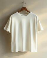 Mockup template of a white t-shirt unisex hanging on a beige background. Minimalistic composition with harsh light and shadows from the window photo