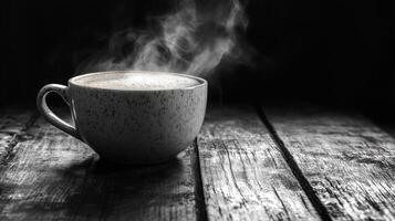 A steaming cup of coffee rests on a rustic wooden table, enveloped in dramatic black-and-white tones that enhance the cozy atmosphere. photo