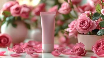 A beautifully arranged white tube stands among delicate pink roses and petals, creating an elegant display in a softly lit setting, perfect for beauty presentations. photo