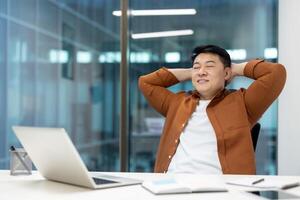 Man resting and relaxing at workplace inside office. Satisfied Asian man put his hands behind his head with closed eyes smiling, successful achievement results, well done. photo