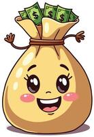 Money bag bursting with cash, complete with an expressive face and welcoming demeanor vector