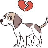 Dog gazes downwards, a shattered heart floating above, capturing the universal themes of heartbreak, loss, and emotional pain in a playful manner vector