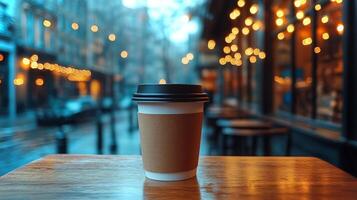 A warm cup of coffee sits on a wooden table outside a cafe, illuminated by soft lights, as raindrops create a serene, cozy atmosphere in the city. photo
