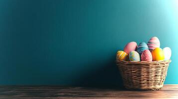 Vibrant Easter eggs display intricate patterns and colors, neatly arranged in a wicker basket situated on a wooden surface with a blue backdrop. photo