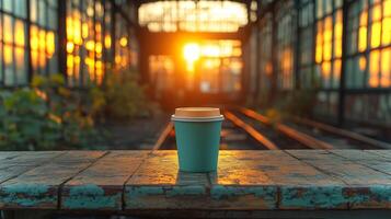 A turquoise coffee cup sits on a rustic wooden table as the sun sets behind an industrial backdrop filled with glass windows, creating a warm glow. photo