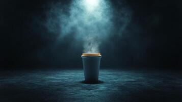 A coffee cup emits steam in a dark environment, highlighted by a beam of light from above, creating an enchanting and mysterious atmosphere. photo