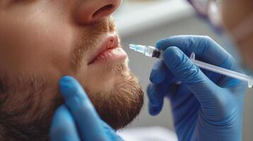 In a cosmetology clinic, a male client is undergoing a lip enhancement procedure. A practitioner skillfully administers a cosmetic injection while wearing gloves, ensuring precision and care. photo