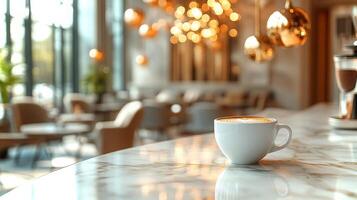 A sleek white cup rests on a polished marble countertop in a premium coffee bar, surrounded by warm lighting and a stylish, inviting atmosphere. photo