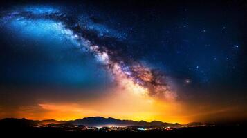 An awe-inspiring display of the Milky Way stretches across the night sky, illuminating a vibrant town in the mountains, creating a mesmerizing contrast. photo