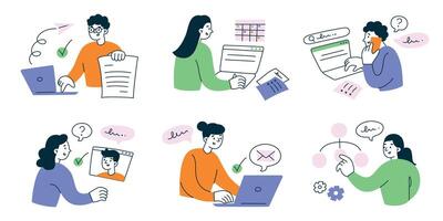 Office and remote work set. Flat cartoon characters working. illustration collection of online meetings, task planning, project management, presentations, business calls, and teamwork vector