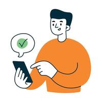 illustration of person using smartphone, man tapping button, green checkmark in message. Confirmation, approval, successful transaction, task completion, authentication icon for UI UX design vector