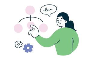 illustration of businesswoman giving presentation. Woman points at chart, workflow, or hierarchical diagram, showing tasks or making decisions. Flat cartoon character, simple composition vector