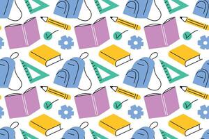 seamless pattern with school and university study elements. Flat minimal design with colorful books, backpacks, pencils, rulers, checklist icon with checkmark. Background for educational themes vector