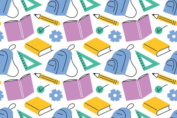 seamless pattern with school and university study elements. Flat minimal design with colorful books, backpacks, pencils, rulers, checklist icon with checkmark. Background for educational themes