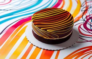 Colorful Abstract Cake on Vibrant Swirl Background photo