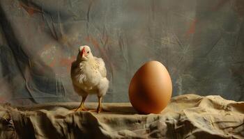 Chicken and Egg on Fabric with Artistic Background photo