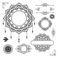 Set of retro vintage graphic design elements for frame, labels, logo symbols and ornamental on black colour. vector