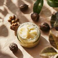 Natural Body Butter in Jar with Nuts and Leaves on Table photo
