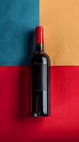 Red wine bottle with matching red cap on vibrant backdrop photo