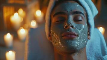 A male model enjoys a calming skincare treatment, featuring a clay mask applied to his face while surrounded by soothing candlelight, creating a tranquil atmosphere for self-care. photo