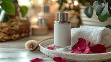A white skincare tube with a silver cap sits on a decorative plate surrounded by rose petals and a towel, creating a tranquil ambiance in a softly lit space. photo