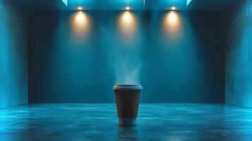A coffee cup hovers in mid-air, releasing steam in a dark space illuminated by blue light, creating a mystical atmosphere of calm and intrigue. photo