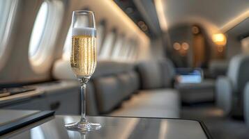 Stemware filled with champagne rests on airplane table photo