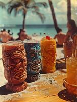 Colorful Tiki Drinks on Tropical Beach with Palm Trees photo