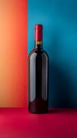 Red wine in a glass bottle with a red cap on a vibrant background photo