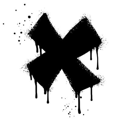 Spray painted graffiti check mark in black over white. X symbol.