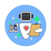 Medical AI robot holds a clipboard and a tray with blister packs of pills and medicine bottles. Integration of AI in healthcare, emphasizing the role of technology in medical services. vector