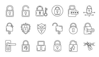 set of padlock icons in a minimalist line style. featuring locked and unlocked padlocks, security shield, key access, fingerprint authentication, digital security, and broken padlock. editable strokes vector