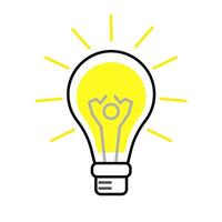 A simple illustration of a light bulb with bright yellow light, symbolizing ideas, creativity and innovation and rays of light emanating from it, symbolizing enlightenment and inspiration. vector
