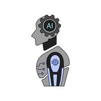 A stylized humanoid robot with a gear-shaped head containing the letters AI in the center, symbolizing artificial intelligence. relevant to the topics of AI, robotics, and future technologies. vector